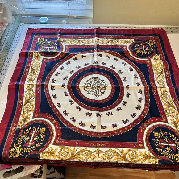 Vintage Womens Scarf Regal Heraldic Design Crests Red Navy Gold Korea 31 in - Picture 3 of 11